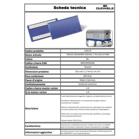 Tasche per identificazione Durable con bande adesive blu f.to esterno mm. 163x 83x1,7- inserto 150x67mm cf. 50 - 176207